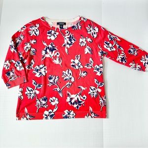 Lands’ End Salmon Navy and White Floral 3/4 Length Sleeve Top Size Medium Petite
